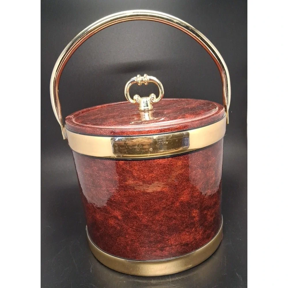 VTG Kraftware MCM Faux Tortoise Brown Marble Ice Bucket Lid Handle w/Tray USA 